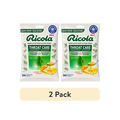 (2 pack) Ricola Max Throat Care Honey Lemon Cough Drops for Sore Throat + Cough Relief, Value Pack, 34 Count