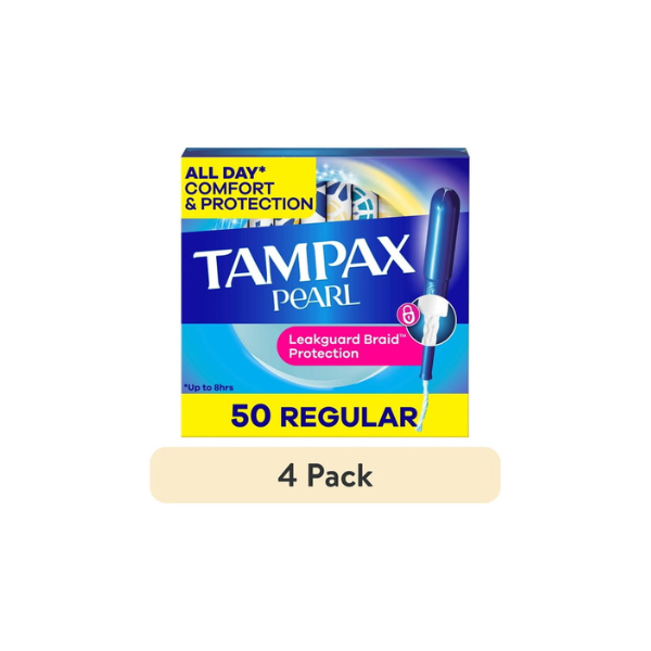 (4 pack) Tampax Pearl Tampons with LeakGuard Braid, Regular Absorbency, 50 Count
