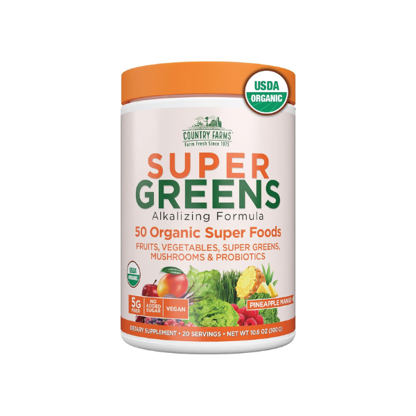 Country Farms Organic Super Greens Powder, 50 Organic Superfoods, Greens Drink with Fruits, Vegetables, Fiber, Probiotics & Mushrooms, Supports Energy, Gut Health & Digestion, Pineapple Mango Flavor
