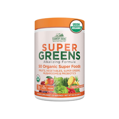 Country Farms Organic Super Greens Powder, 50 Organic Superfoods, Greens Drink with Fruits, Vegetables, Fiber, Probiotics & Mushrooms, Supports Energy, Gut Health & Digestion, Pineapple Mango Flavor