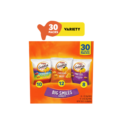 Goldfish Crackers Big Smiles with Cheddar, Colors, and Pretzel Crackers, Snack Pack, 30 Count Variety Pack Box