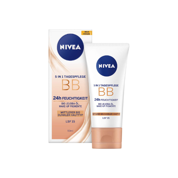 NIVEA BB Cream for Face, Hydrating Tinted Daily Moisturizer with Natural Coverage for Medium to Dark Skin Tones, Lightweight Skin-Perfecting Cream with Minerals, Jojoba Oil and Pro-Vitamin B5, 50 ml