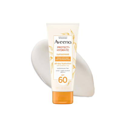 Aveeno Protect + Hydrate Sunscreen Lotion for Body & Face with Prebiotic Oat, SPF 60 Broad Spectrum Sunscreen, Paraben, & Oil Free, Water & Sweat Resistant (80-min) for Sensitive Skin, 3 Fl Oz