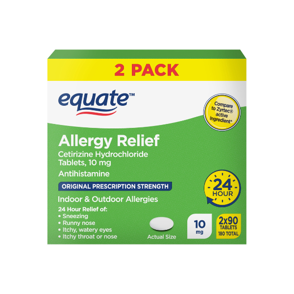 Equate 24 Hour Cetirizine Hydrochloride Allergy Relief Tablets, 10 mg, 180 Count