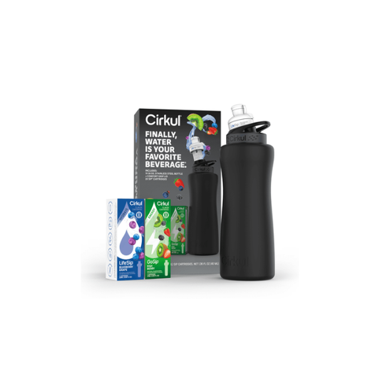 Cirkul 32oz Matte Black Stainless Steel Starter Kit with Matte Black Cirkul Lid 2.0 and 2 Flavor Cartridges (Blueberry Grape & Kiwi Berry)