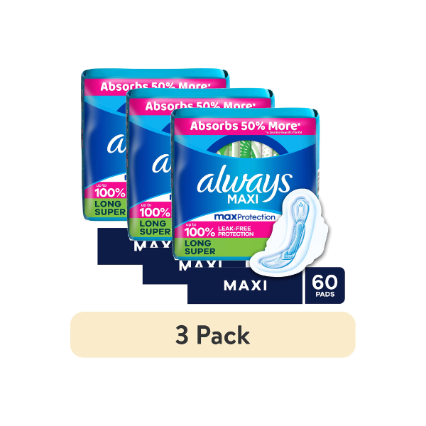 (3 pack) Always Maxi Pads with Wings, Size 2, Long Super, 60 Count
