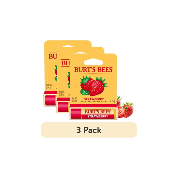 (3 pack) Burt's Bees Strawberry Moisturizing Lip Balm, 0.15 oz.