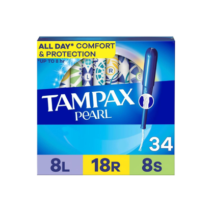 Tampax Pearl Tampons Multipack, with LeakGuard Braid, Light/Regular/Super Absorbency, Up to 100% Leak and Odor Free Protection, Unscented, 34 Count