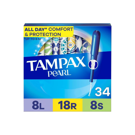 Tampax Pearl Tampons Multipack, with LeakGuard Braid, Light/Regular/Super Absorbency, Up to 100% Leak and Odor Free Protection, Unscented, 34 Count