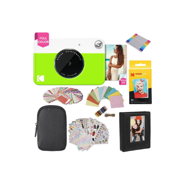 KODAK Printomatic Full-Color Instant Print Digital Camera Colorful Photos On Zink 2x3" Sticky-Back Photo Paper 5MP Gift Bundle: Case + Zink 2x3" 20pk + Album + Stickers + Frames + Markers - Green