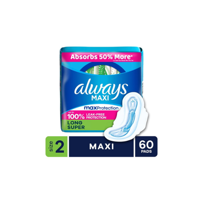 Always Maxi Pads with Wings, Size 2, Long Super, 60 Count