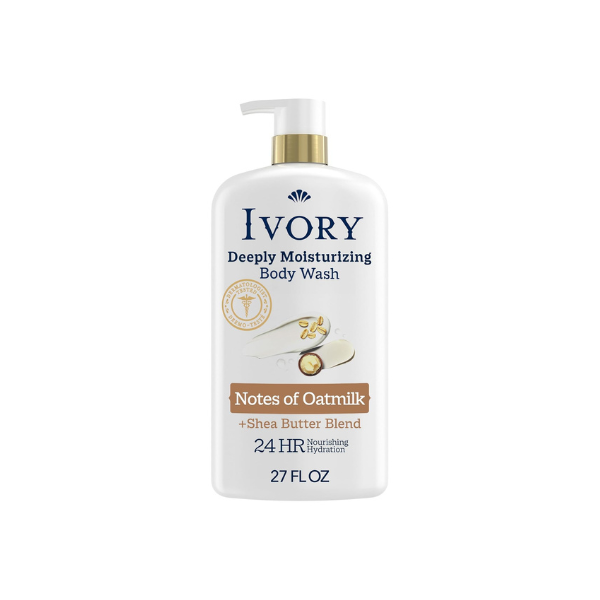 Ivory Deeply Moisturizing Body Wash, 24hr Nourishing Hydration, Soothes Itchy Dry Skin, Made with Shea Butter Blend, Free of Dyes Heavy Perfumes Parabens & Phthalates, Oatmilk Scent, 27 oz