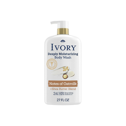Ivory Deeply Moisturizing Body Wash, 24hr Nourishing Hydration, Soothes Itchy Dry Skin, Made with Shea Butter Blend, Free of Dyes Heavy Perfumes Parabens & Phthalates, Oatmilk Scent, 27 oz