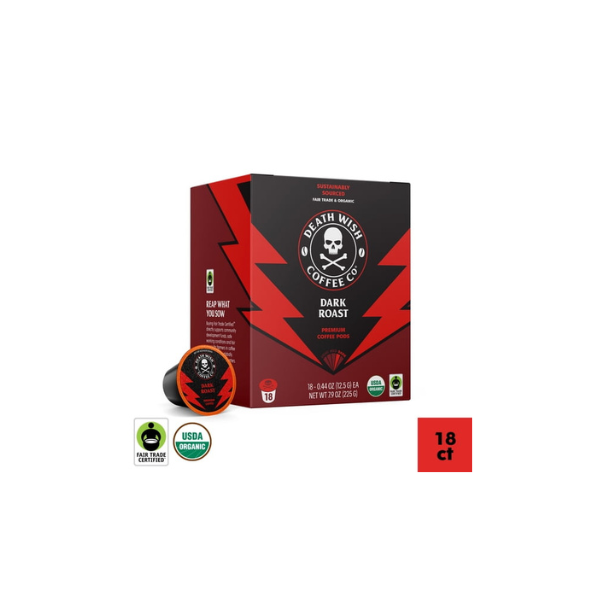 Death Wish Coffee Co., Organic and Fair Trade, Single Serve Coffee Pods, Dark Roast, 18 Count