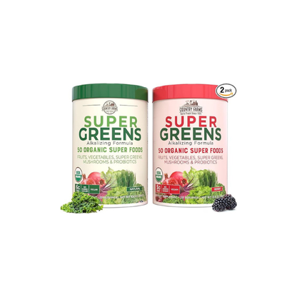 Country Farms Super Greens Power Pack, 50 Organic Super Foods, Greens Powder with Probiotics for Gut Health & Bloating Relief, Supports Energy, Unflavored & Berry, 40 Serving