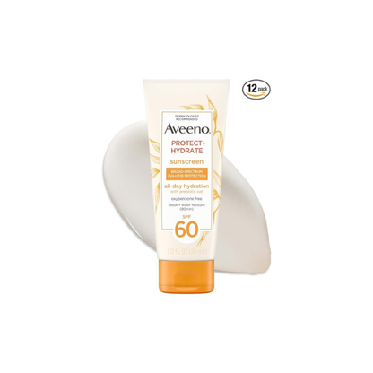 Aveeno Protect + Hydrate Sunscreen Lotion for Body & Face -Prebiotic Oat, SPF 60 Broad Spectrum Sunscreen,Paraben & Oil Free, Water & Sweat Resistant (80 min) for Sensitive Skin, 3 Fl Oz (Pack of 12)