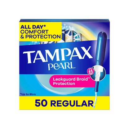 Tampax Pearl Tampons for Women, with LeakGuard Braid, Regular Absorbency, Unscented, 50 Count