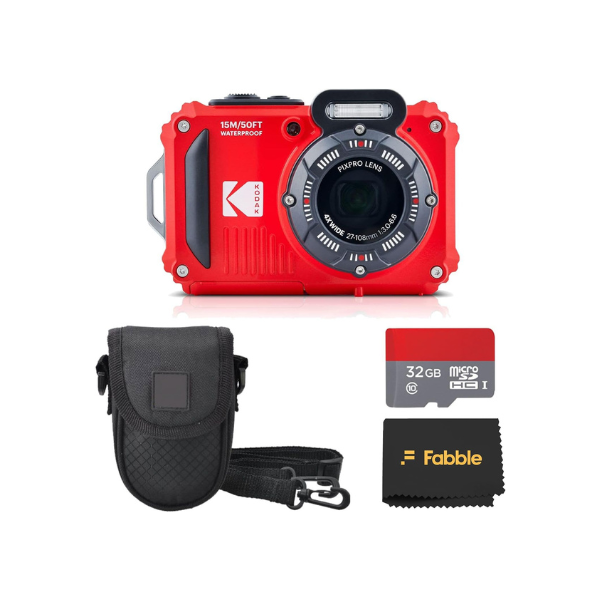 Kodak PIXPRO WPZ2 Rugged Waterproof Shockproof Digital Camera 16MP 4X Optical Zoom 1080P Full HD Video, 2.7" LCD (Red) Bundle with Camera Case, SanDisk 32GB microSDHC Card (4 Items)