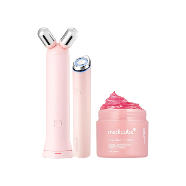 medicube Glass Glow Booster Duo: Mini Booster Pro Plus Pink & Collagen Jelly Cream | Enhances Absorption & Radiance | Firming, Hydrating & Glow | Korean Facial Device, Gifts for Women, Skincare Set