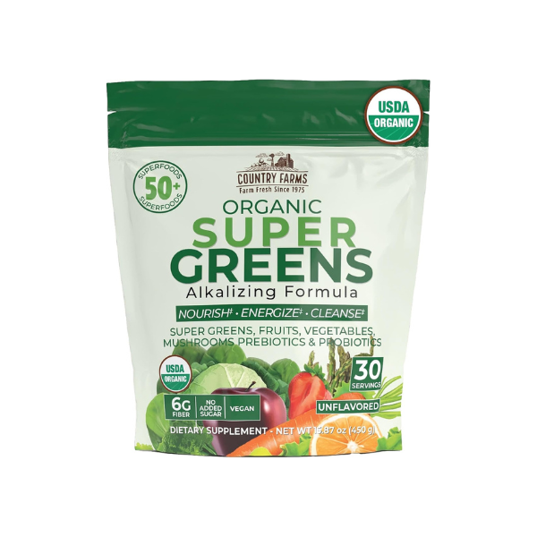 Country Farms Super Greens Natural Flavor, 50 Organic Super Foods, USDA Organic Drink Mix (Wheat Grass, Spirulina, Chlorella) Mushrooms & Probiotics, Fiber, Gut Health, Natural Energy, 30 Servings