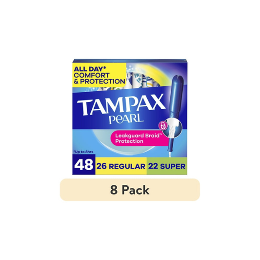 (8 pack) Tampax Pearl Tampons Multipack, with LeakGuard Braid, Regular/Super Absorbency, Unscented, 48 Count
