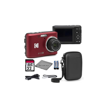 Kodak PIXPRO FZ45 Digital Camera Red, 16MP Point & Shoot with 4X Optical Zoom, 27mm Wide Angle, 2.7 Inch LCD, 1080p Video Bundle with Tudak Compatible Camera Case 32GB SD Card, & Microfiber Cloth