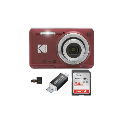 KODAK PIXPRO FZ55 Digital Camera Bundle, Includes: SanDisk 64GB SDXC Memory Card, SD Card Reader Compatible with Computers and Smartphones and Memory Card Wallet (4 Items) (Red)