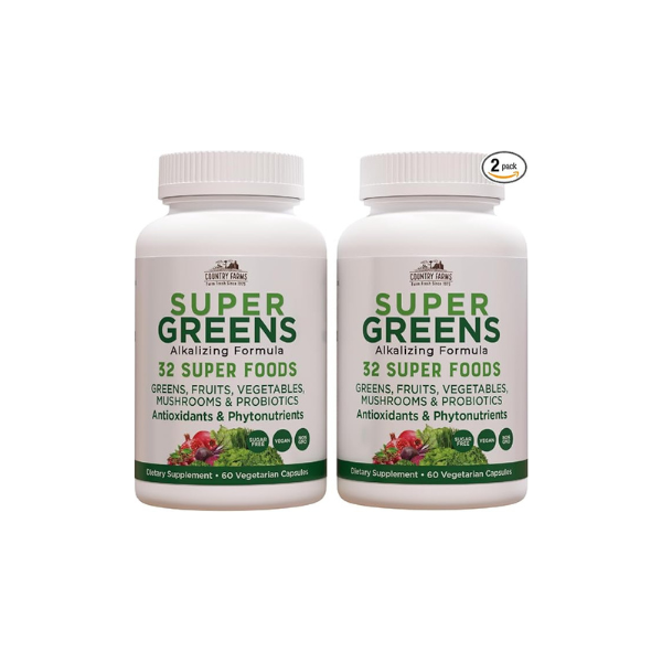 Country Farms Super Greens Vegicaps, 32 Super Foods, Whole Food Supplement, Greens, Fruit, Vegetables, Mushrooms & Probiotics, Rich in Antioxidants & Phytonutrients, 120 Count, 60 Servings