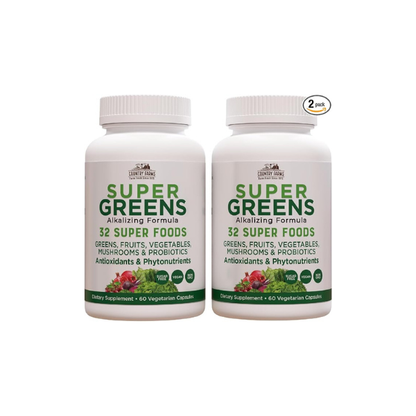 Country Farms Super Greens Vegicaps, 32 Super Foods, Whole Food Supplement, Greens, Fruit, Vegetables, Mushrooms & Probiotics, Rich in Antioxidants & Phytonutrients, 120 Count, 60 Servings