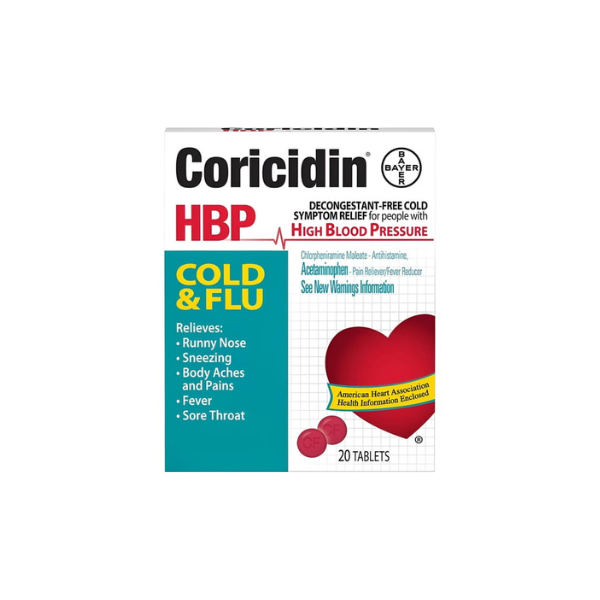 (6 pack) Coricidin HBP Multi-Symptom Cold & Flu Relief Tablets, for High Blood Pressure, 20 Count