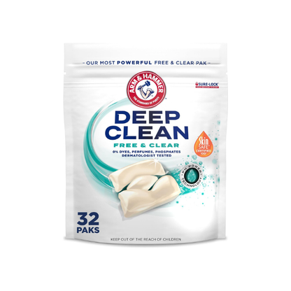 ARM & HAMMER Deep Clean Free & Clear Laundry Detergent Power Paks, 32 Count