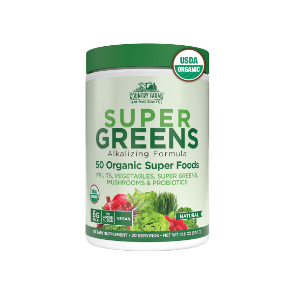 Country Farms Super Greens Natural Flavor, 50 Organic Super Foods, USDA Organic Drink Mix, Fruits, Vegetables, Super Greens, Mushrooms & Probiotics, Supports Energy, 20 Servings, 10.6 Oz