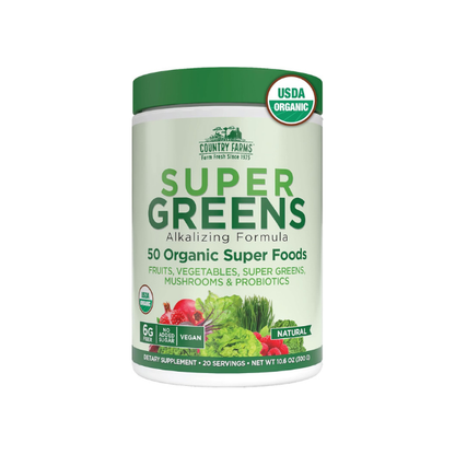 Country Farms Super Greens Natural Flavor, 50 Organic Super Foods, USDA Organic Drink Mix, Fruits, Vegetables, Super Greens, Mushrooms & Probiotics, Supports Energy, 20 Servings, 10.6 Oz