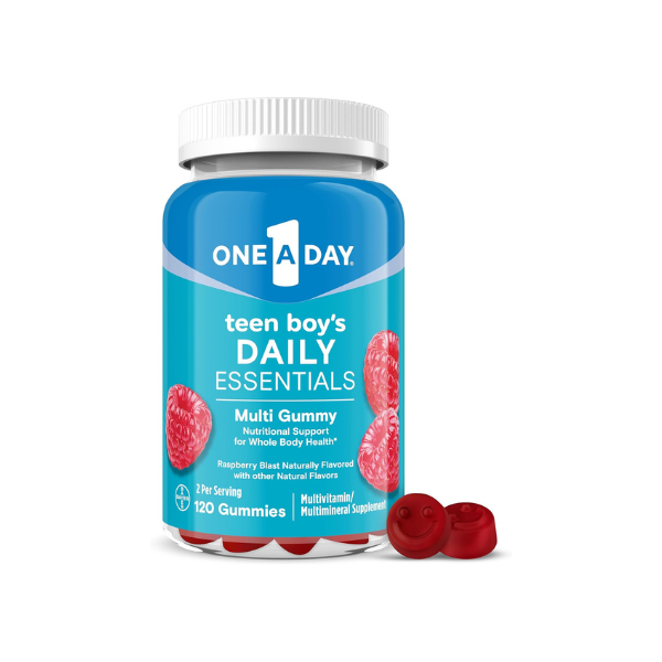 One A Day Teen Boy’s Daily Essentials Multivitamin Gummies, Teen Boy Vitamins with Vitamin C, Vitamin D, Bone Health, Immune Health, Raspberry Natural Flavor, 120 Gummies