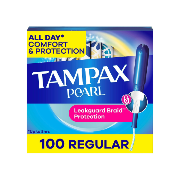 Tampax Pearl Tampons Regular Absorbency, with Leakguard Braid, Unscented, 50 Count x 2 Packs (100 Count Total) (Packaging May Vary)