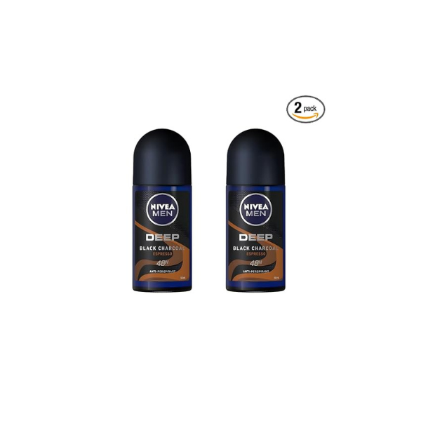 NIVEA MEN DEEP Black Carbon Espresso Anti-Perspirant Roll-On, 50 mL — 72-Hour Odor & Sweat Protection, No Visible Black Residue, Long-Lasting Espresso Scent, Pack Of 2