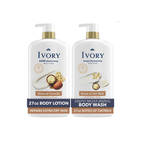 Ivory Hand & Body Lotion + Body Wash Bundle, Oatmilk Scent, 24hr Moisturizing & Nourishing Hydration, Repairs and Soothes Extra Dry & Itchy Skin, Made with Shea Butter Blend, 27 fl oz (Pack of 2)