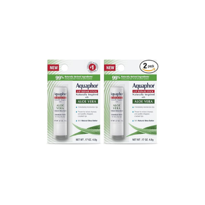 Aquaphor Naturally Inspired Lip Repair Stick with Aloe Vera and Natural Shea Butter, Hydrating Lip Balm Immediately Relieves Dryness Stick, 0.17 Oz (Pack of 2)