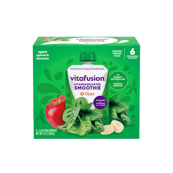 vitafusion Vitamin-Boosted Smoothie +Fiber with Energy Metabolism and Immunue Support, Apple Spinach Banana Flavor Excellent Source of Vitamins C, D, and B12, 3.5oz, 6 Count