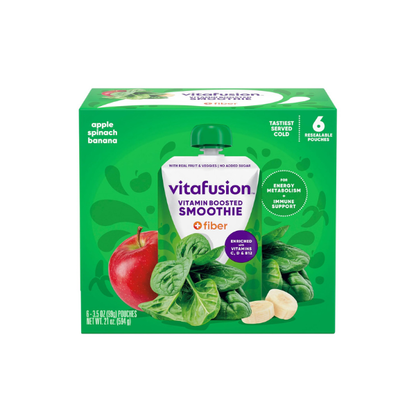 vitafusion Vitamin-Boosted Smoothie +Fiber with Energy Metabolism and Immunue Support, Apple Spinach Banana Flavor Excellent Source of Vitamins C, D, and B12, 3.5oz, 6 Count