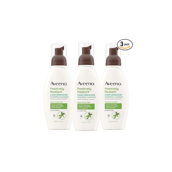 Aveeno Clear Complexion Foaming Oil-Free Facial Cleanser with Salicylic Acid Acne Medication for Breakout-Prone Skin & Soy Extracts, Hypoallergenic & Non-Comedogenic, 6 fl. oz, Pack of 3