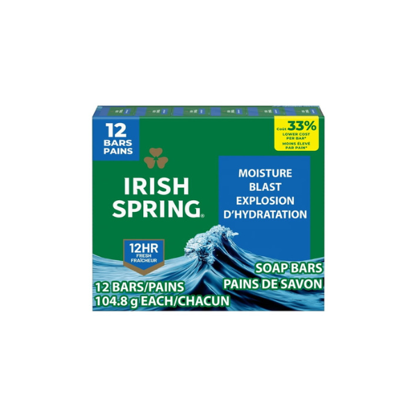 Irish Spring Moisture Blast Deodorant Bar Soap for Men, 3.7 oz Bar (12 Pack)