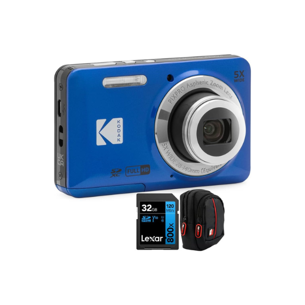 Kodak PIXPRO FZ55 Digital Camera, Blue Bundle with Lexar 32GB High-Performance 800x UHS-I SDHC Memory Card + Deco Photo Point and Shoot Field Bag Camera Case
