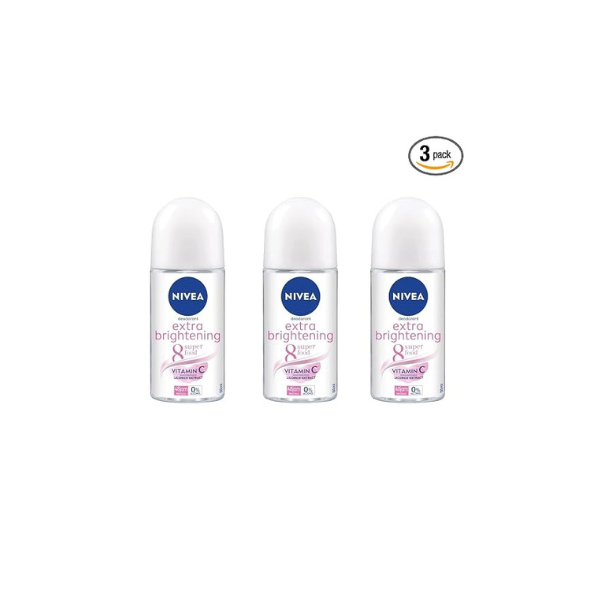 NIVEA Extra Brightening Flavor, Roll-On Deodorant, Alcohol-Free, 48HR Odor Protection, 50ml, 1.69oz, Pack of 3