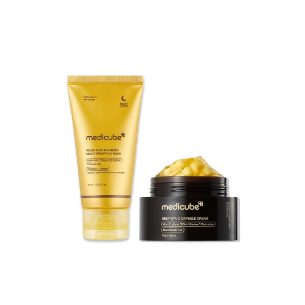 medicube Glass Skin Refining Duo at Night: Deep Vitamin C Golden Capsule Face Moisturizer and Turmeric Overnight Wrapping Peel Off Mask 2.0
