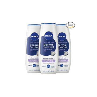 NIVEA Hydrating Body Wash for Sensitive Skin with Hyaluronic Acid and Vitamin E, Mild Fragrance, Dermatologically Tested