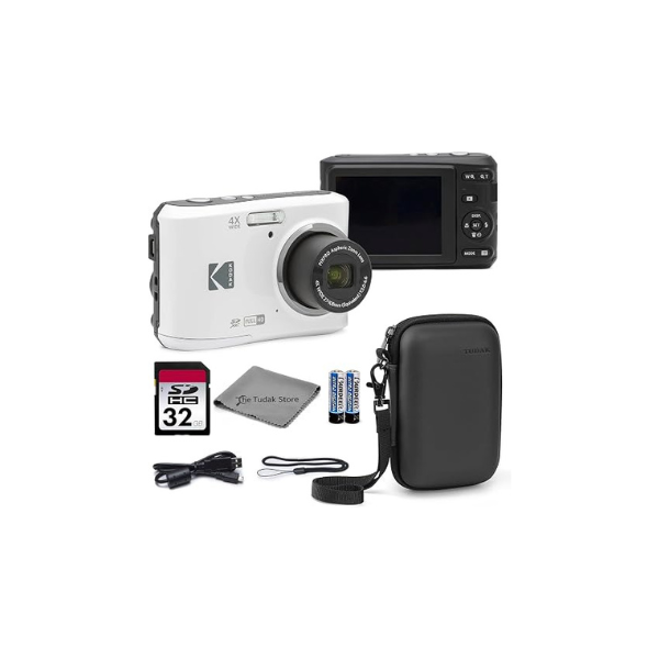 Kodak PIXPRO FZ45 Digital Camera White, 16MP Point & Shoot with 4X Optical Zoom, 27mm Wide Angle, 2.7 Inch LCD, 1080p Video Bundle with Tudak Compatible Camera Case 32GB SD Card, & Microfiber Cloth