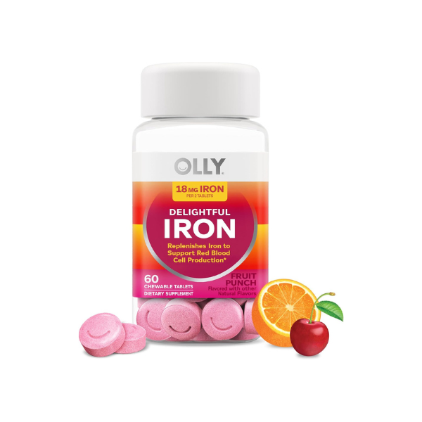 OLLY Delightful Iron Chewable Tablet, 18 mg Iron, Fruit Punch - 60 Count