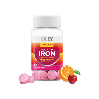 OLLY Delightful Iron Chewable Tablet, 18 mg Iron, Fruit Punch - 60 Count