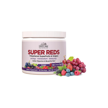 Country Farms Super Reds, Energizing Polyphenol Superfood, 40 Super Fruits and Berries, Powerful Antioxidants and Polyphenols, Supports Energy and Immunity, 20 Servings, Grape Flavor